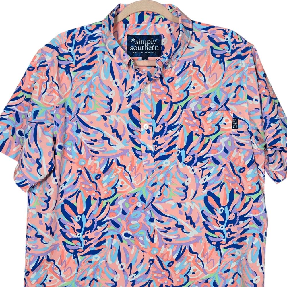Simply Southern Polo Shirt Mens Medium Performance Golf Bright Tropical Vacation View 2